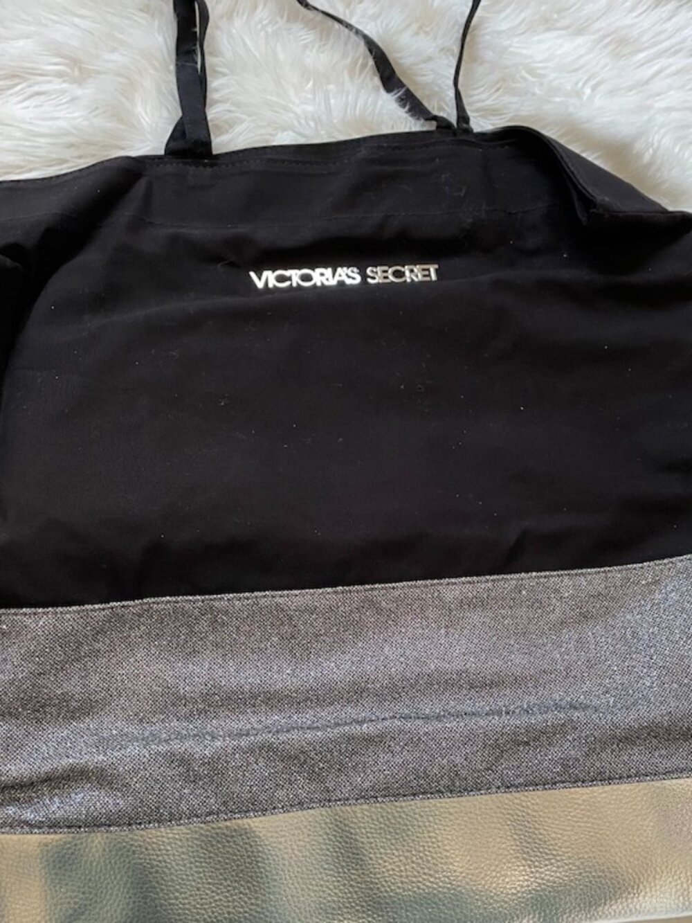 Victoria's Secret tote black with silver sparkle stripe and silver bottom